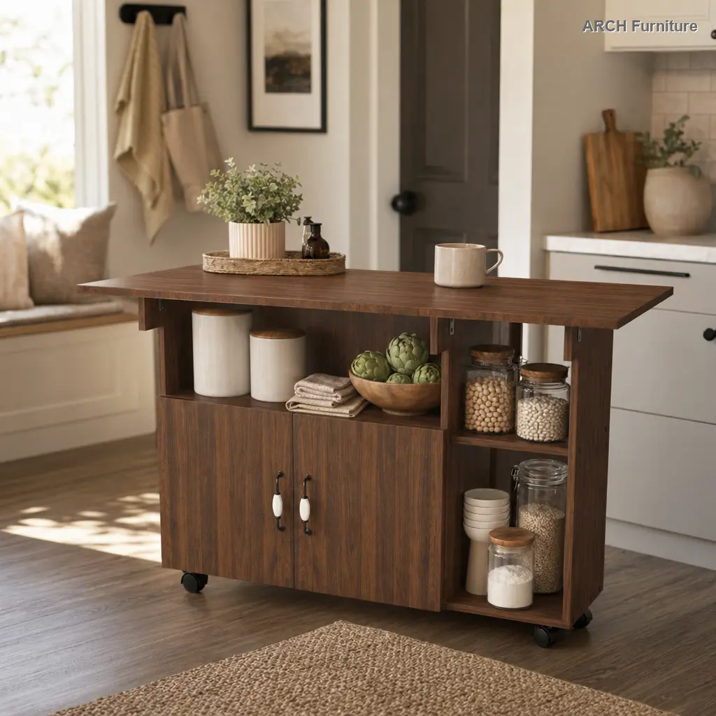 47-in Foldable Multi-Functional Arch Wood Veneer Walnut Finish Folding Table - Wheel Base, Storage Shelves, Easy Set-Up, Freestanding Storage Cabinet Sideboard, Eco-Friendly Nordic Kitchen Furniture, Compact Indoor Apartment Cupboard, Apartment Cabinet, F