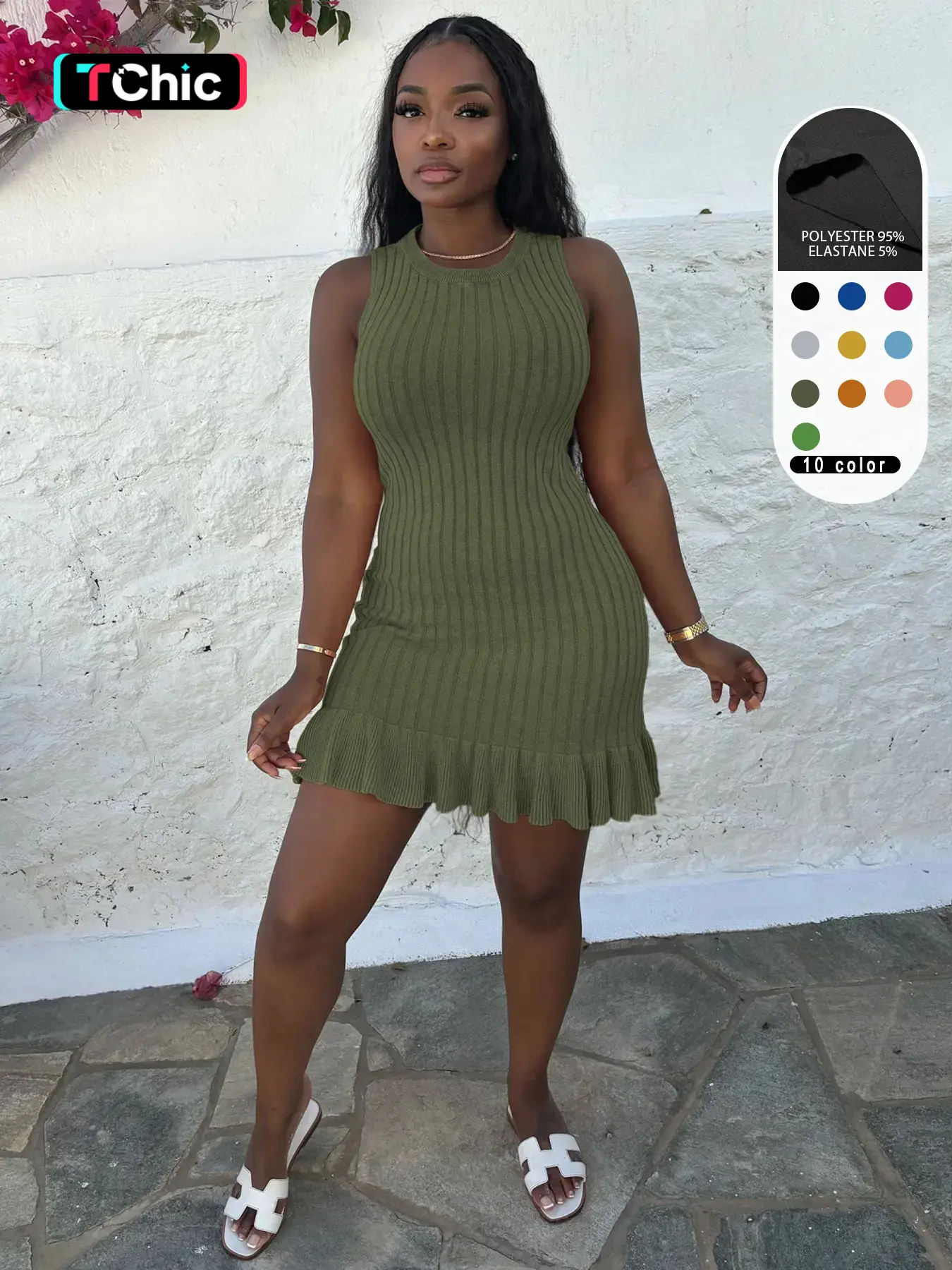 Women's Plain Ruffle Hem Ribbed Dress, Casual Style Sleeveless Crewneck Short Dress for Summer, Ladies Clothes for Daily Wear, Womenswear, Army Green