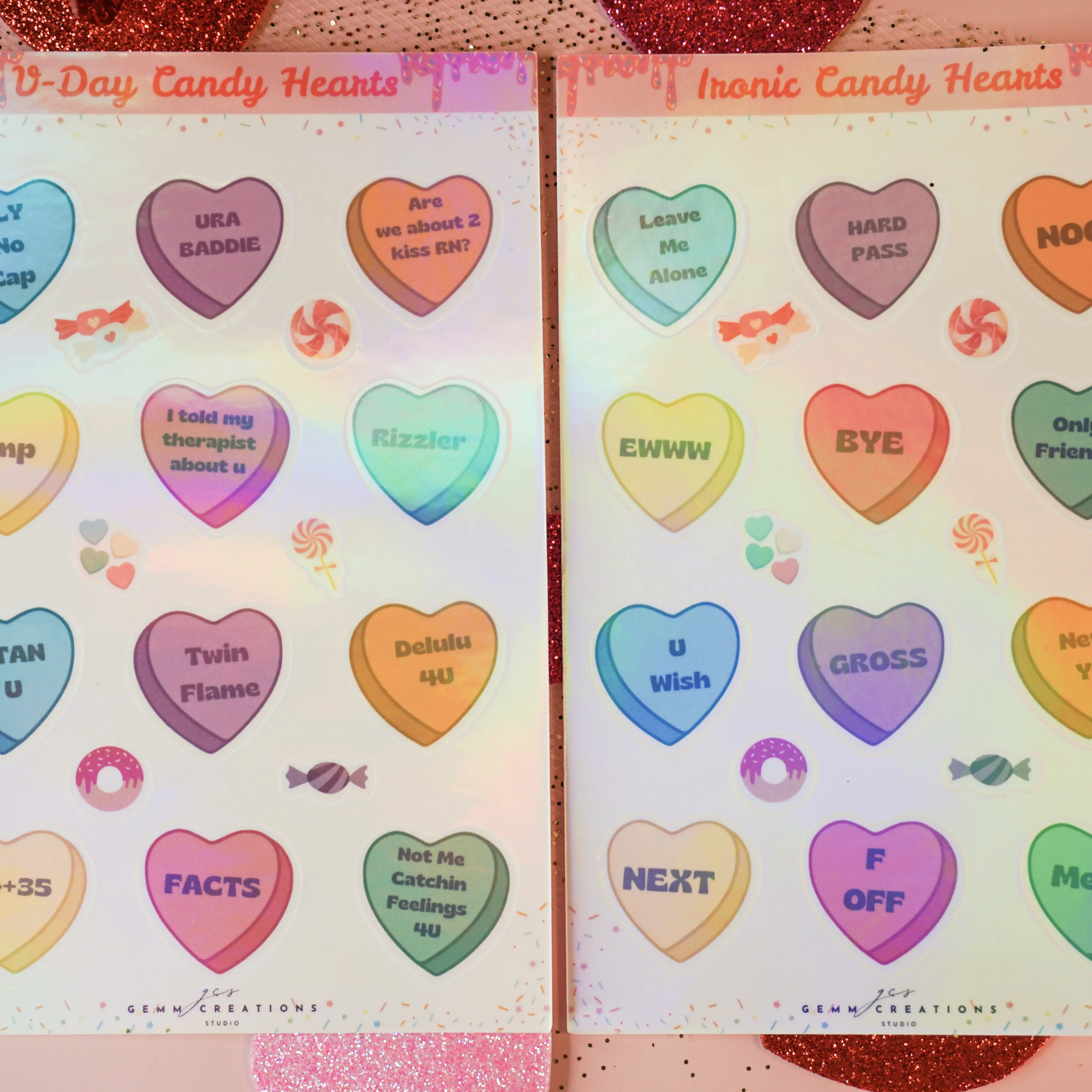 Holographic Sticker Sheet with Valentine's Day Candy Hearts Theme - Includes Multiple Designs for Customizable Stickers
