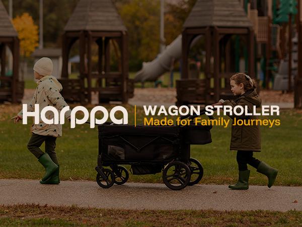 HARPPA Foldable 4 Seater Stroller Wagon, Mosquito Net & Canopy UPF50+, Stroller for Baby Toddler with Storage Bag, All-Terrain Wheels, Adjustable Handle & Cup Holder, Snack Tray