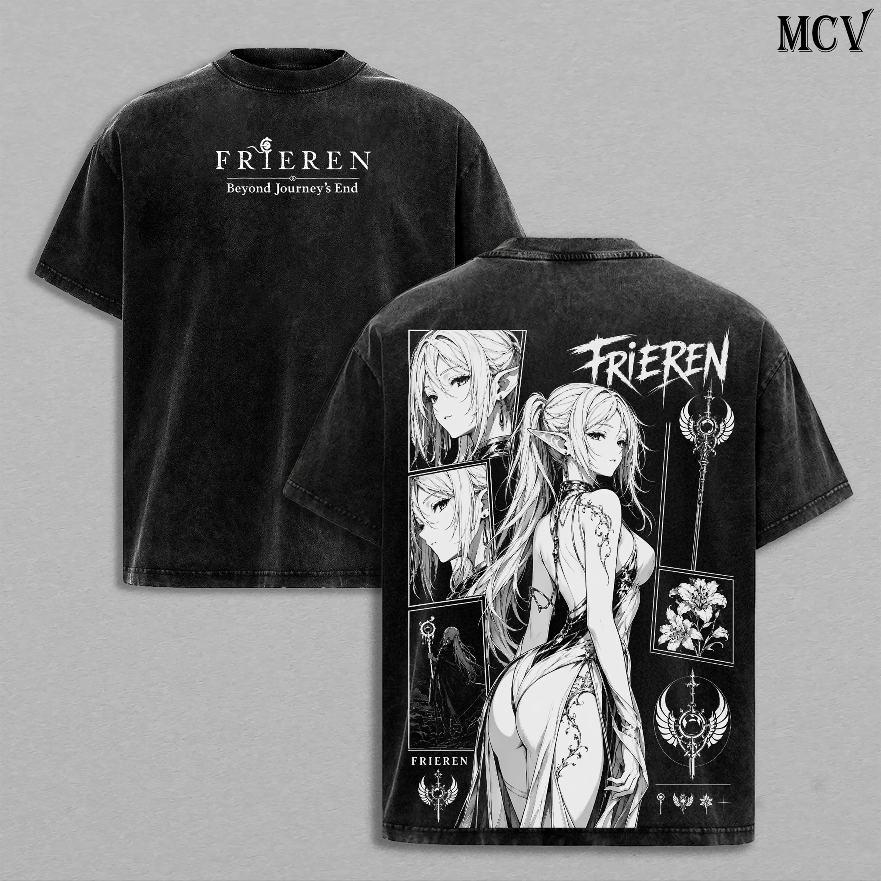 Vintage Washed Frieren Graphic T-Shirt | Heavy Cotton Oversized Dark Fantasy Elf Mage Anime Tee | Gothic Tattoo Art Y2K Manga Streetwear