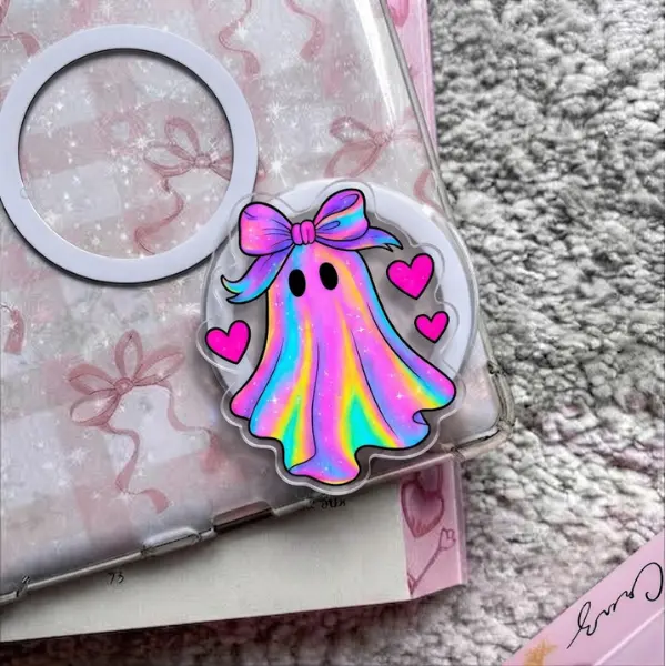 Neon Ghost with Bow MagSafe PopSocket, Cute Holographic Halloween Magnetic Phone Grip, Spooky Love Hearts Phone Stand, Trendy Accessory