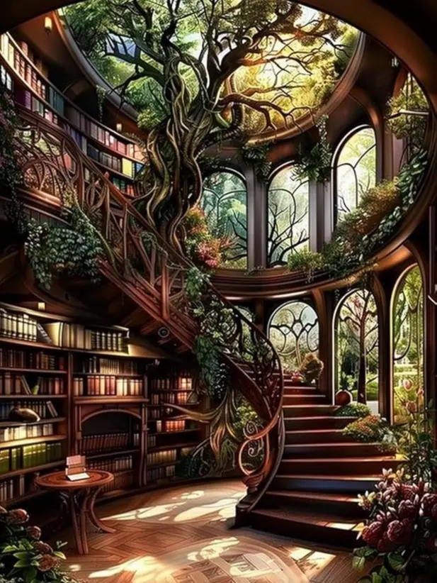 Enchanted Library Tree Square Diamond Painting Kit - Fantasy Rhinestone Art, Full Drill DIY Wall Decor