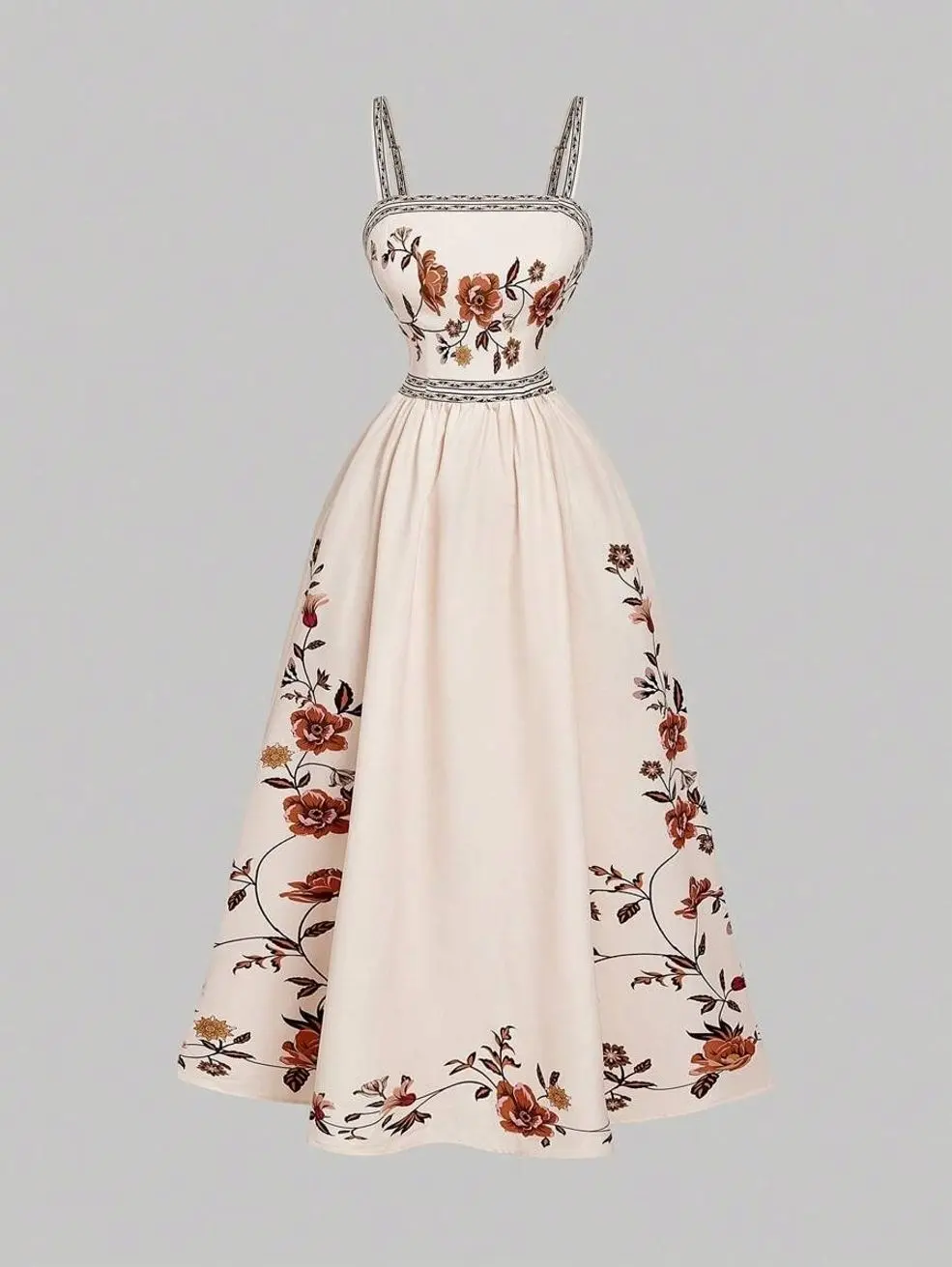 Women's Floral Print Waist Cinching Elegant & Fashionable Camisole Dress, Beige Summer Brunch Floral Formal Wear Garden Party Wedding Festival Outfits
