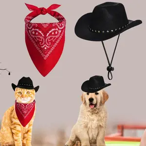 2PCS Mini Western Cowboy Style Pet Hat And Drawstring Neck Scarf Adjustable Straps - Suitable for Small Breeds