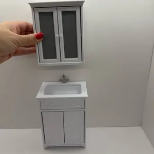 1:6 Scale Mini Bathroom Vanity Sink & Wall Cabinet – Dollhouse Furniture White