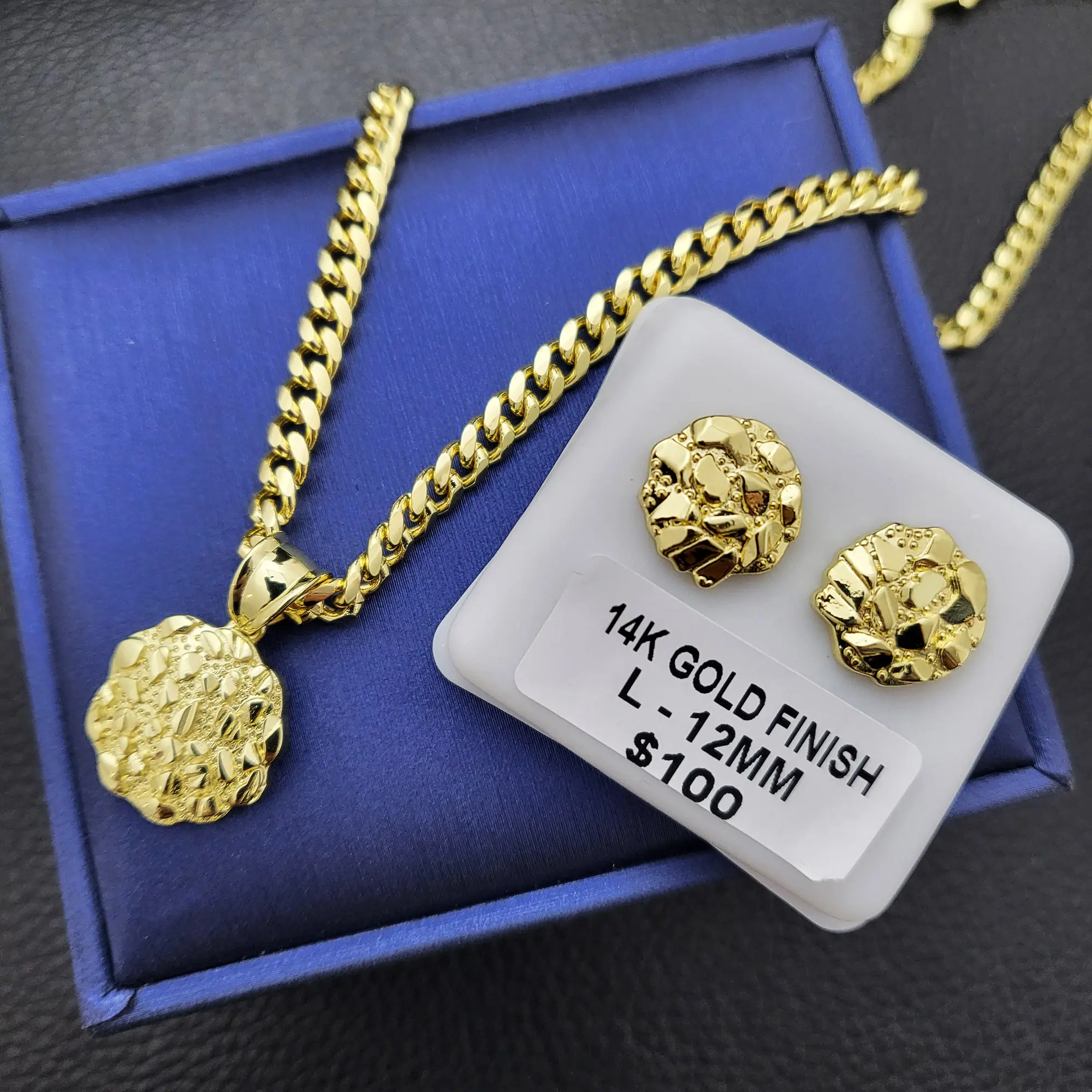 MaxBling81 Unisex Jewelry Set, Gold-Plated Golden Nugget Heart Necklace with 20-Inch Cuban Chain and Matching Stud Earrings