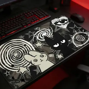 Dark Punk Pad Trippy Bunny & Cat Mousepad Alt Grunge Desk Mat Weirdcore Aesthetic Gaming Pad for Emo Desks Indie Alt Room Decor