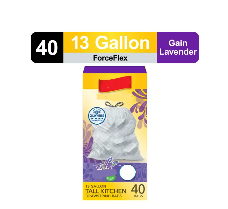 Kitchen Drawstring Trash Bags, 13 Gallon, Gain Lavender with Febreze Freshness, 40 Count