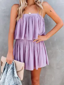 Ruched Spaghetti Strap Romper - Purple Opaque 100% Polyester Basic Style Women's Fashion Import Machine Washable