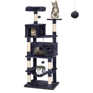 Cat Tree,67in Heavy Duty Gothic Cat Tower for Indoor Large Adult Cats,Gray Tall Cat Climbing Tower with Hammock,Sisal Scratching Post,Removable Plush Perch,Condo,
