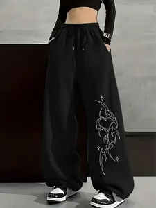 Black Y2K Heart Thorn Star Wide Leg Cuffed Drawstring Adjustable Waist Sweatpants - 2026 Trending Streetwear, Soft Heavy Fabric Perfect for Street Style & Festivals, Bold Sweet-Edgy Geometric Print That Stands Out, Womenswear
