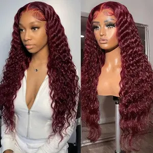 Bling Hair 99J Burgundy Deep Wave 13x4 13x6 Lace Frontal Human Hair Wigs 180 Density Wine Red Color Brazilian Virgin Hair Pre Plucked Bleached Knots Natural Hairline for Women summerwins