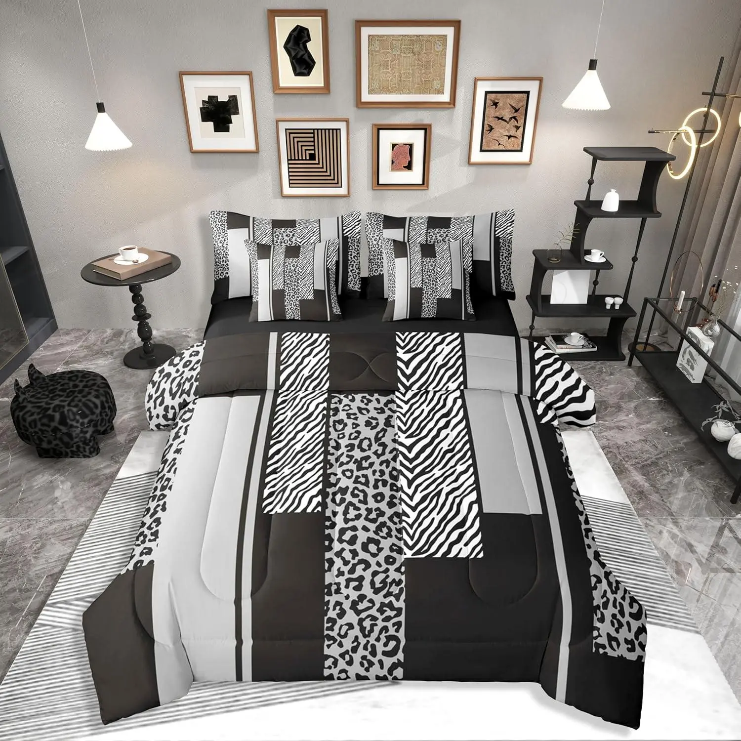 Feelyou 7-Piece Queen Size Bedding Set - Decorative Comforter Queen Size, Microfibre Comforter, Sheets Included, Grey Black Animal Prints (Leopard, Zebra, Cheetah Fur, Geometric Stripes), Machine Washable for Adults, Room Decor, House Decor