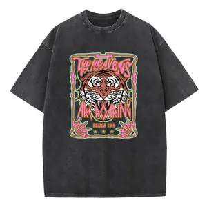 Wayii Fasion Unisex Acid Wash Vintage " The Heavens" Roaring Tiger Pattern T-Shirt,Heavyweight Cotton Streetwear Graphic Vintage Tee Menswear Womenswear Crewneck pink hoodies women zip weighted vests tank top cute clothes summer long sleeve baby doll