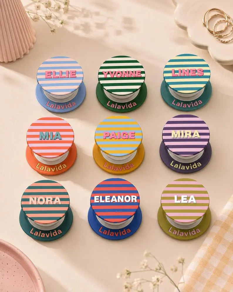 Personalized Striped Phone Grip Magnetic, Custom Name Phone Stand, Cute Kawaii Phone Holder, Gift for Her, iPhone & Android Accessory