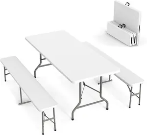 VINGLI Picnic Table Set with 2 Benches, 6 Feet Camping Table Chair Set,3-Piece Folding Furniture for Indoor or Outdoor Use, Smooth Tabletop, White