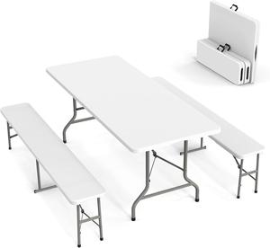 VINGLI Picnic Table Set with 2 Benches, 6 Feet Camping Table Chair Set,3-Piece Folding Furniture for Indoor or Outdoor Use, Smooth Tabletop, White