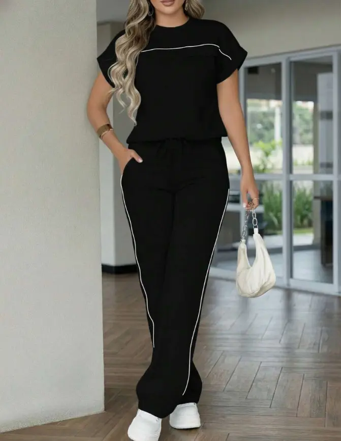 Women’s 2-Piece Womenswear Summer Set, Solid Color with Contrasting Lines, Loose Drop-Shoulder Short Sleeves, High-Waisted Straight Pants, Suitable for Home Wear, Casual Outings