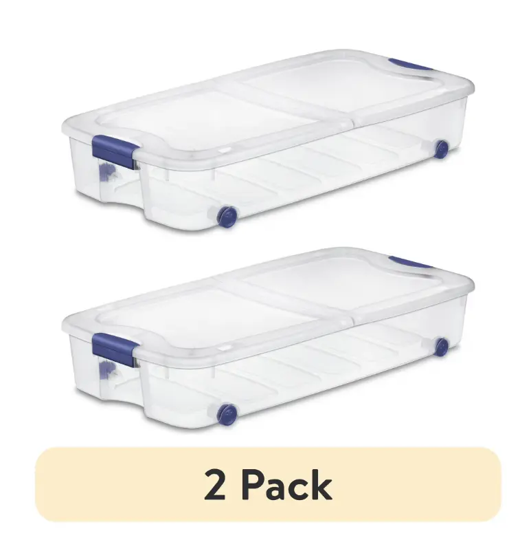 Sterilite 2-Pack Rectangular Wheeled Latching Plastic Under-Bed Storage Bins, 66 Qt Clear Stackable Latch Totes with Lids, 37 3/8" x 18 1/8" x 6 7/8" for Books & Closet Organization