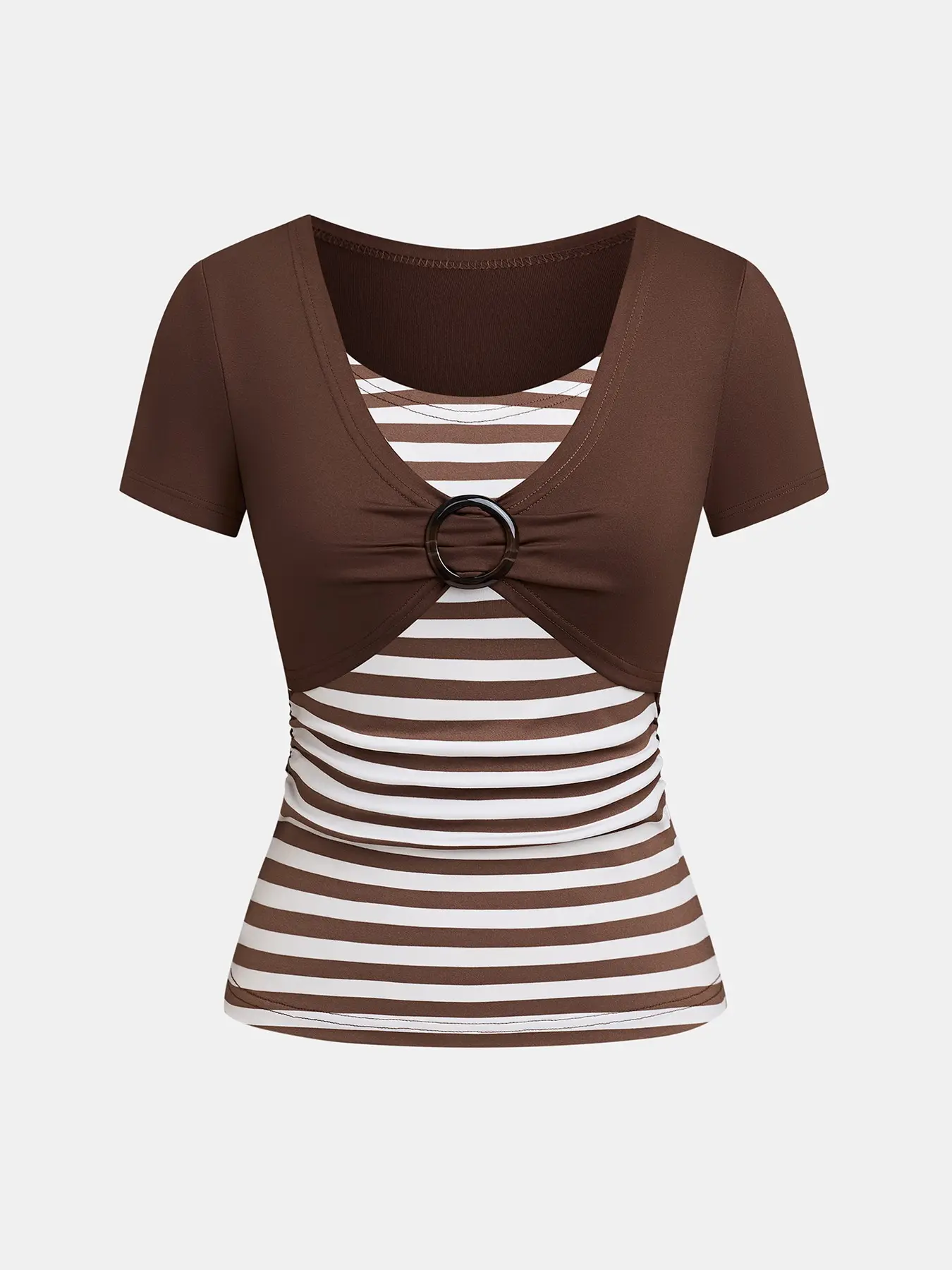 Trendy Ruched Twist Striped Top Blouses, V-Neck O-Ring Accent, Slim-Fit Casual for Summer Vacations, Evening & Night Outings, Fitted Womenswear