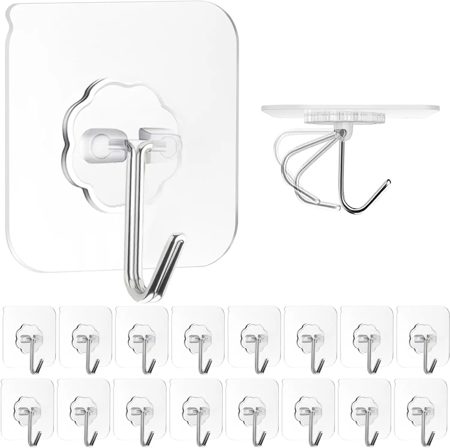 Adhesive Wall Hooks for Hanging, 16 Pack Self Sticky Hooks Heavy Duty 22lb Clear, Removable Shower Hook No Damage for Towel Key Coat Wreath Picture Outdoor Ceiling Bathroom Kitchen, Waterproof