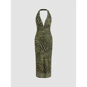 Cider [size 0-10] Mesh Halter Neckline Zebra Stripe Maxi Dress