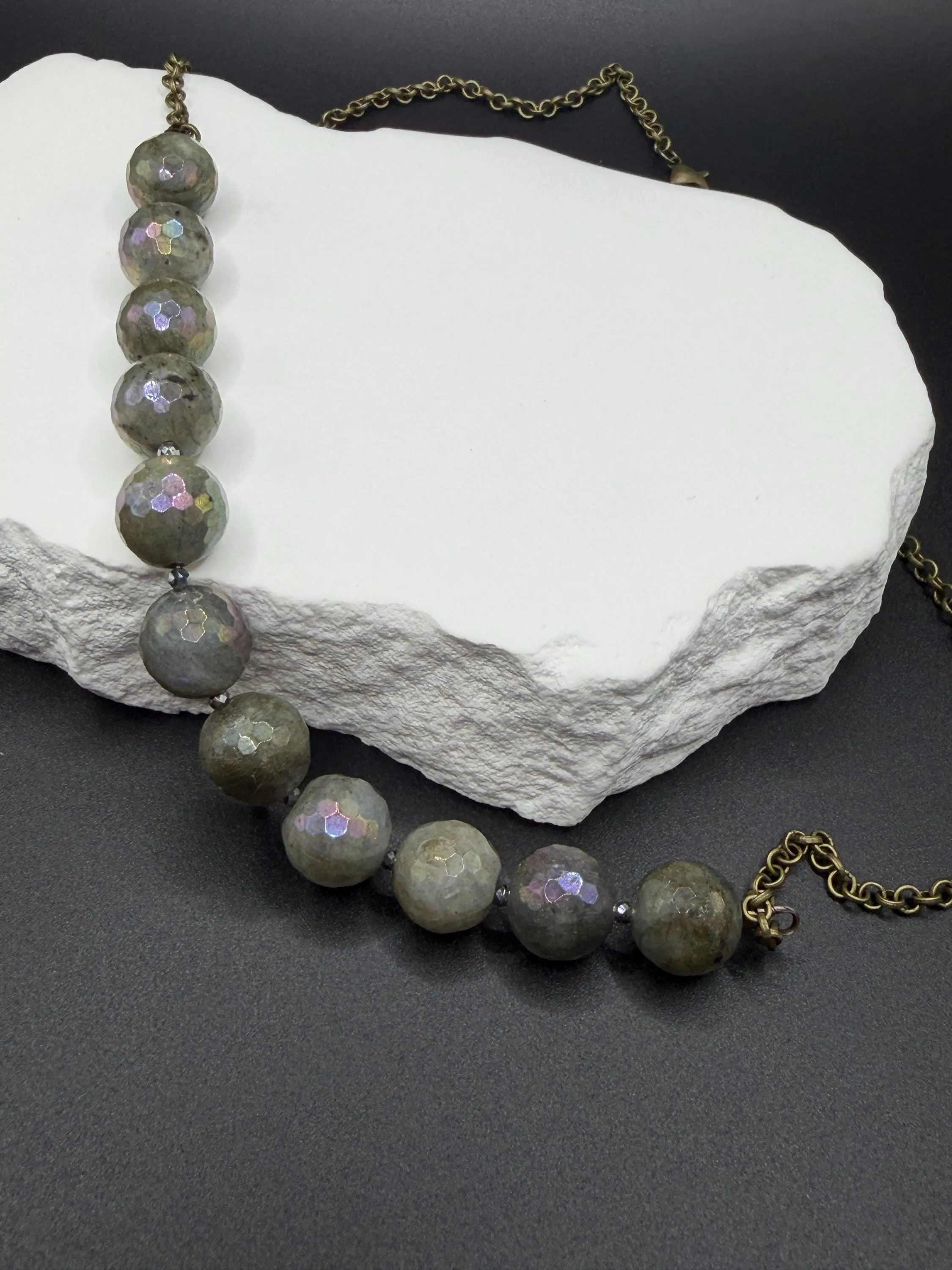 Smokelight Labradorite Necklace - 12mm Faceted Beads with Subtle Rainbow Flash - 20" Handmade Statement Gemstone Necklace - Moody Neutral Color Palette - Perfect for Everyday Wear or Meaningful Gifting