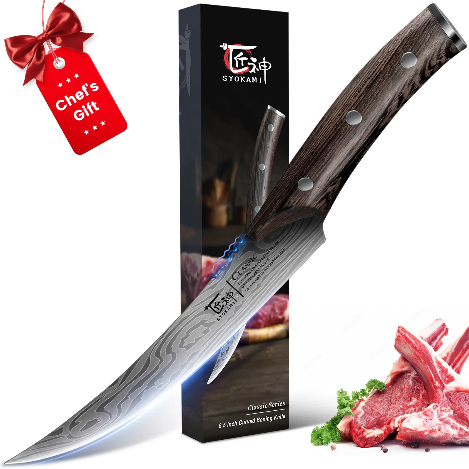 【DealsForYouDays】 SYOKAMI 6.5 Inch Boning Knife for Meat Cutting, Fish Fillet Knife with Wood Handle, High Carbon Razor Sharp Curved Blade Deboning Knife with Exquisite Box Ideal for Thanksgiving, Christmas Gift, Mother's Day Gift
