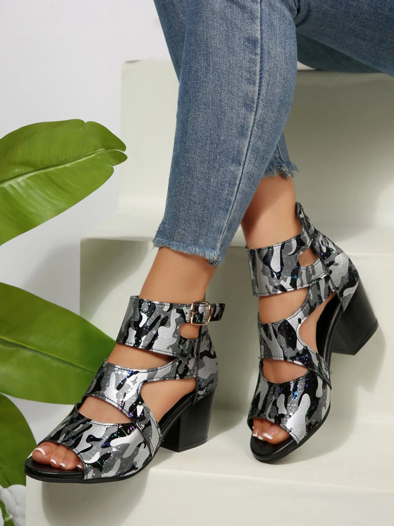 European Summer Blue Sequin Camouflage Chunky Heeled Sandals, Trendy Street Style, Height Boosting, Comfortable Fit, Casual Summer Sandals