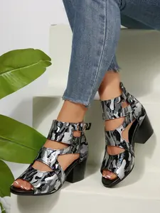 European Summer Blue Sequin Camouflage Heeled Sandals, Trendy Street Style, Height Boosting, Comfortable Fit