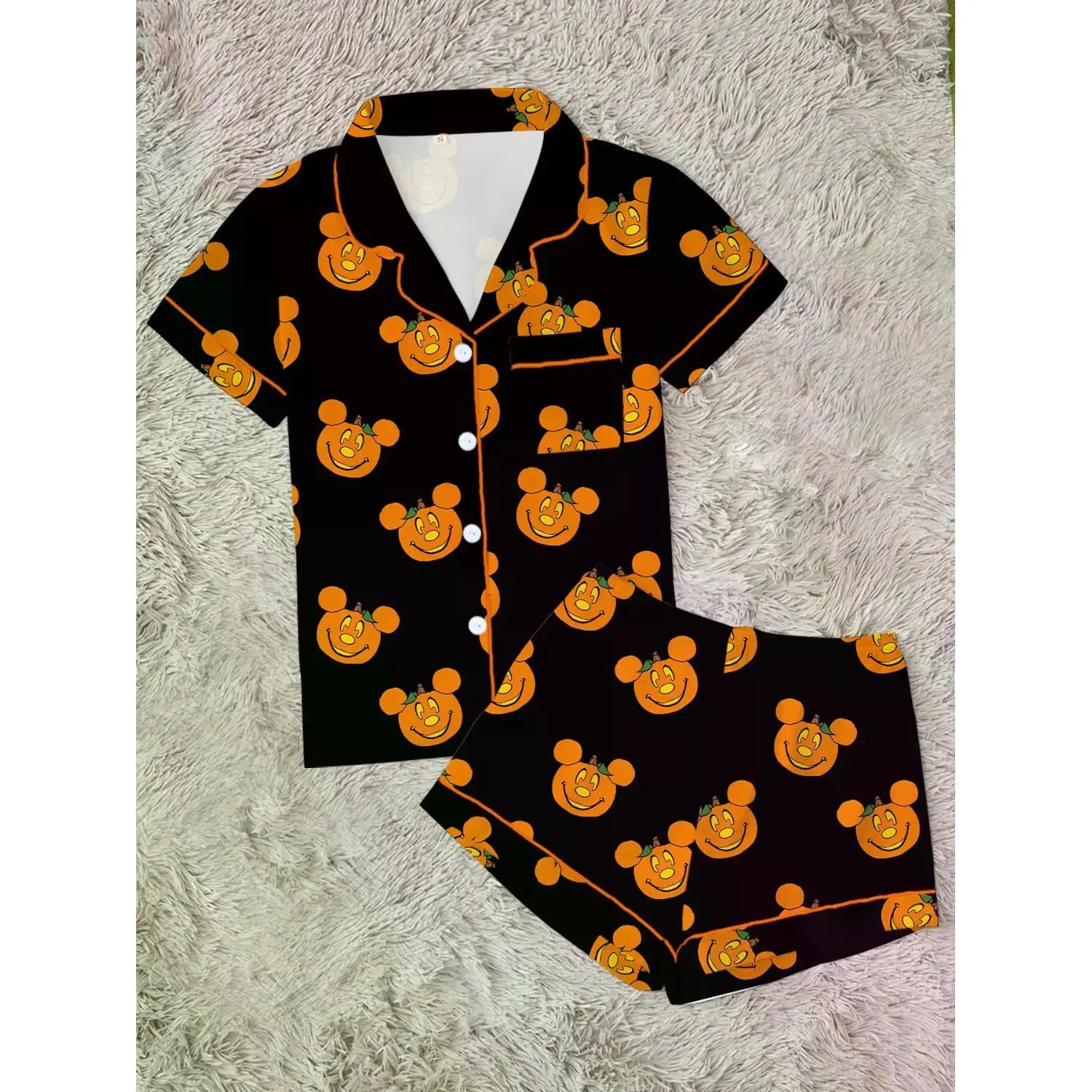 【Halloween】 Women's Cartoon Print Pajama Set, Cute & Funny Sleepwear, 2-Piece Short Sleeve Loungewear, Above-The-Knee, Perfect All-Season Gift