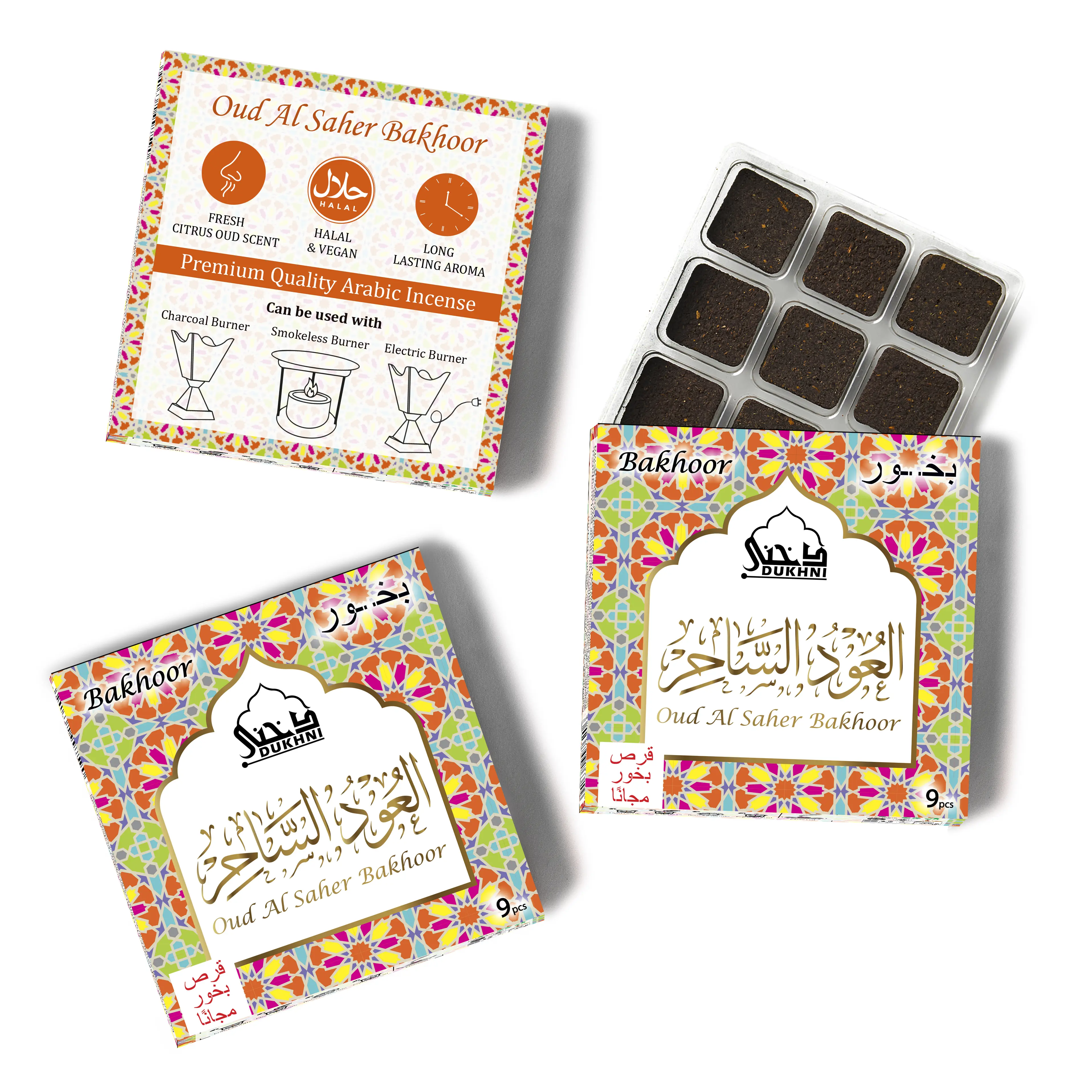 Dukhni Oud Al Saher Bakhoor Incense, 3 Boxes (9 Pieces Each), Handmade Traditional Arabic Citrus Oud Blend, Ideal for Prayer, Relaxation & Meditation