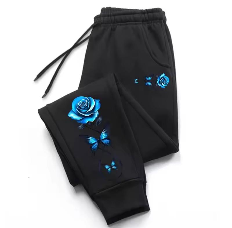 Casual High Quality Outdoors Women's Pants Sweatpants with Blue Rose & Butterfly Print Elastic Band Trousers Jogging Drawstring Sports