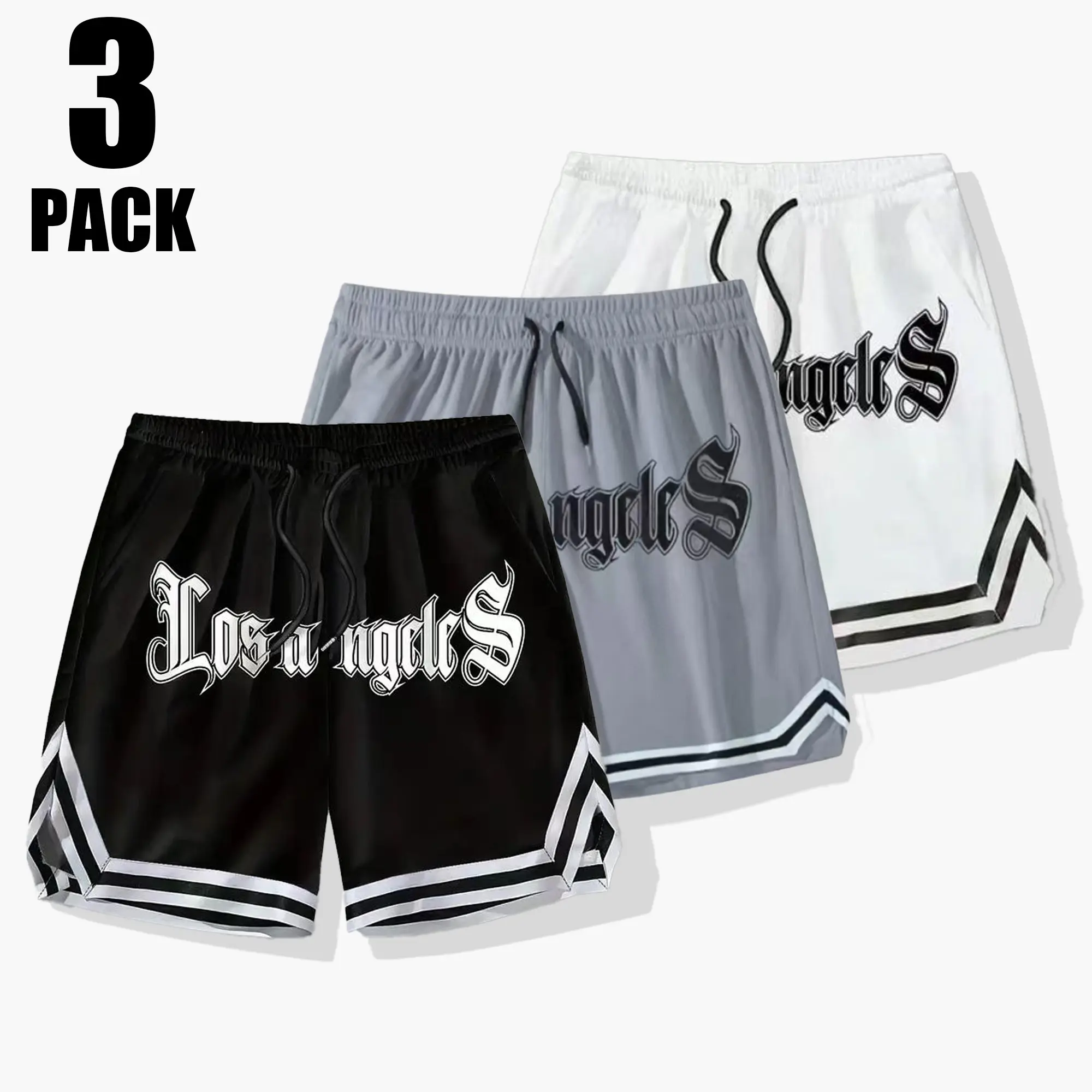3-Pack Men’s Athletic Shorts — Loose Casual Basketball Shorts, Trendy Letter Print Beach Bermuda Shorts