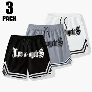 3-Pack Men’s Athletic Shorts — Loose Casual Basketball Shorts, Trendy Letter Print Beach Bermuda Shorts