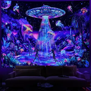 Leofanger Blacklight Alien UFO Tapestry Neon Jellyfish Tapestry UV Reactive Galaxy Space Wall Tapestries Fantasy Plant Floral Tapestries Wall Hanging for Home Decor(51.2"x59.1")
