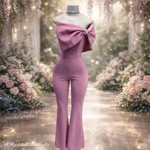 Pink One Shoulder Bow Jumpsuit - Elegant Stretch Party Outfit with Flared Leg Design and Glittery fabric