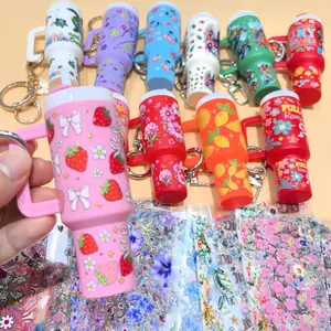 20pcs high-end trendy fashion Mini Tumbler Cup Keychains and 20pcs Various Cartoon Stickers
