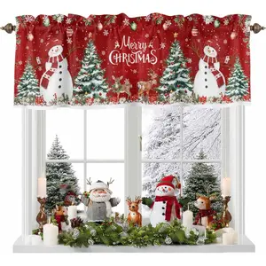 Christmas Valances for Kitchen Windows Merry Christmas Snowman Valance Curtains for Living Room Pine Tree  Red Rod Pocket Valance Window  for Bathroom Bedroom Washable 54x18in