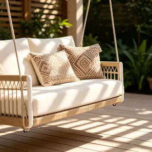 Woven Rope Outdoor Swing Sofa with Cushions, 2-Seater Hanging Porch Swing Bench with Weather-Resistant Fabric for Patio, Backyard, Balcony & Garden