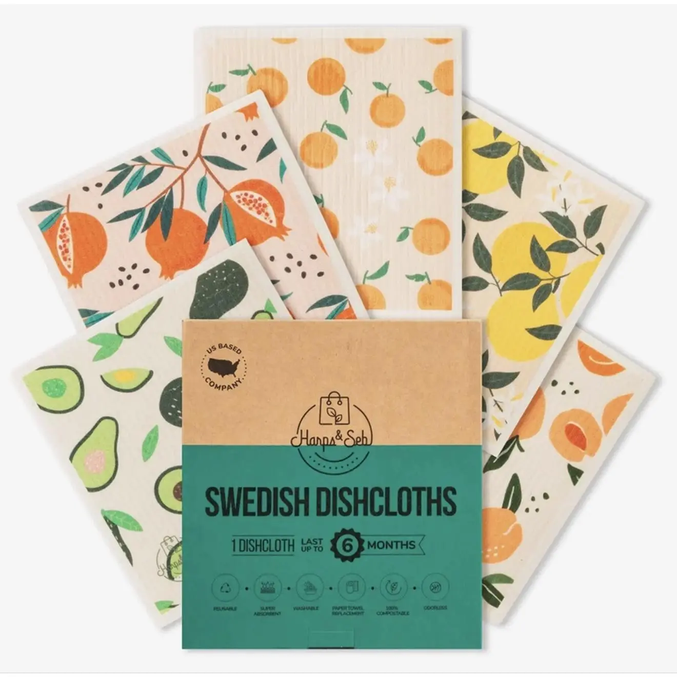 Oluni Home Eco-Friendly Reusable Swedish Dishcloths Set of 5 - Lemon Orange Avocado Pomegranate Citrus Designs - Cellulose Cotton - Kitchen Cleaning Essentials