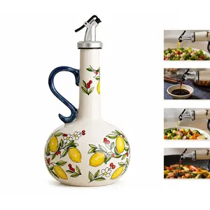 Hand-Painted Ceramic Olive Oil Bottle 600ML, Flip-Top Leak-Proof Neck, Lemon Floral Pattern, Kitchen Decor Gift, Non-Lead Crystal Glass, Kitchen Oil Dispenser