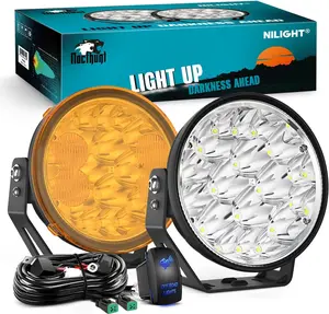 Nilight 7-Inch Round Shape Aluminum Alloy LED Offroad Driving Light Bar Car, 2 PCS 90W Hyper Bright Hyper Spot Beam Work Lights with Yellow Black Covers & 14 AWG DT Connector Wiring Harness Kit for Jeep, Truck