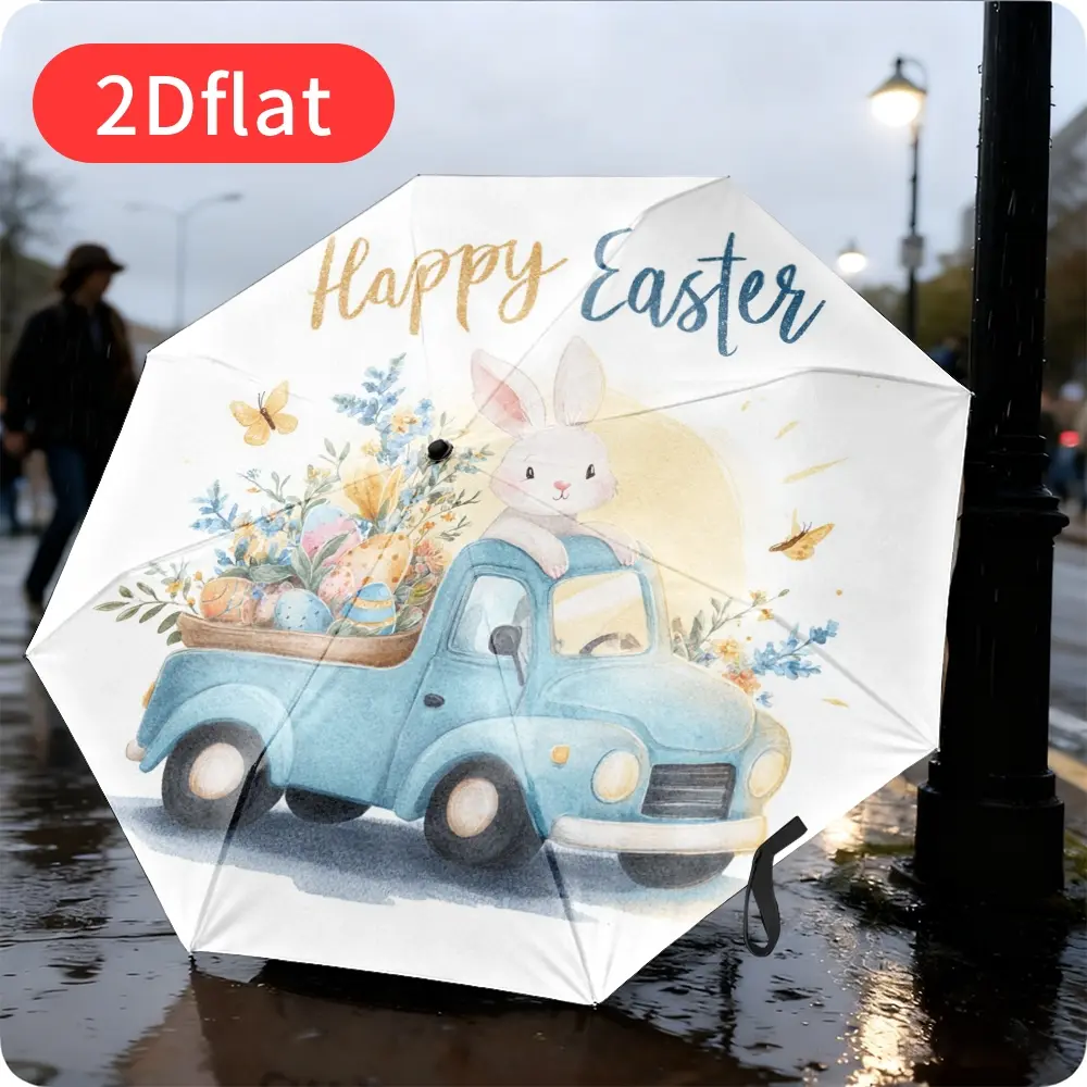 An Easter folding umbrella – featuring an adorable bunny design, a blue truck carrying colorful Easter eggs, lightweight and portable for travel and leisure, with a durable canopy made of sturdy plastic and metal;