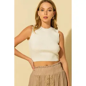 White Sleeveless Cropped Ribbed Sweater Knit Top
