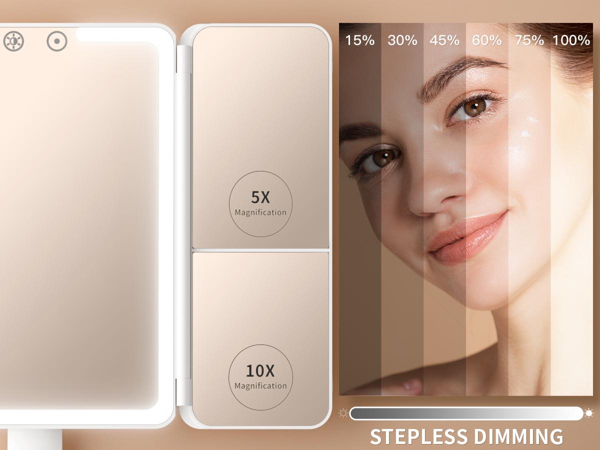 BEAUTIFIVE Tri-fold Travel Makeup Mirror with 48 LED Lights, 1X/5X/10X Rechargeable Vanity Mirror with Light, Portable Magnifying Mirror with Light, Stepless Dimming and Touch Control Table Mirror, Perfect Gift for Her, SummerVibes