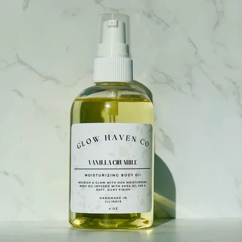 Glow Haven Co. Vanilla Crumble Body Oil - Luxurious 4 oz Moisturizing Formula with Baked Vanilla Brown Sugar & Sweet Cream Scent Daily Nourishing