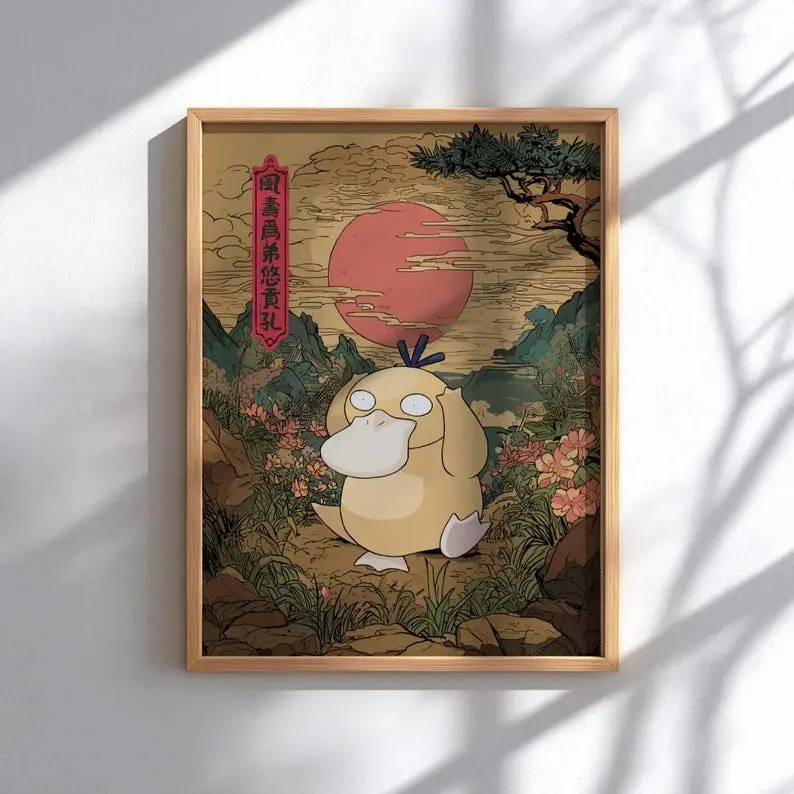 Psyduck Fan Art Poster, Vintage Japanese Japandi Anime Art Poster, Vintage Minimalist Japanese Wall Decor, Unframed Wall Art, Home Decor