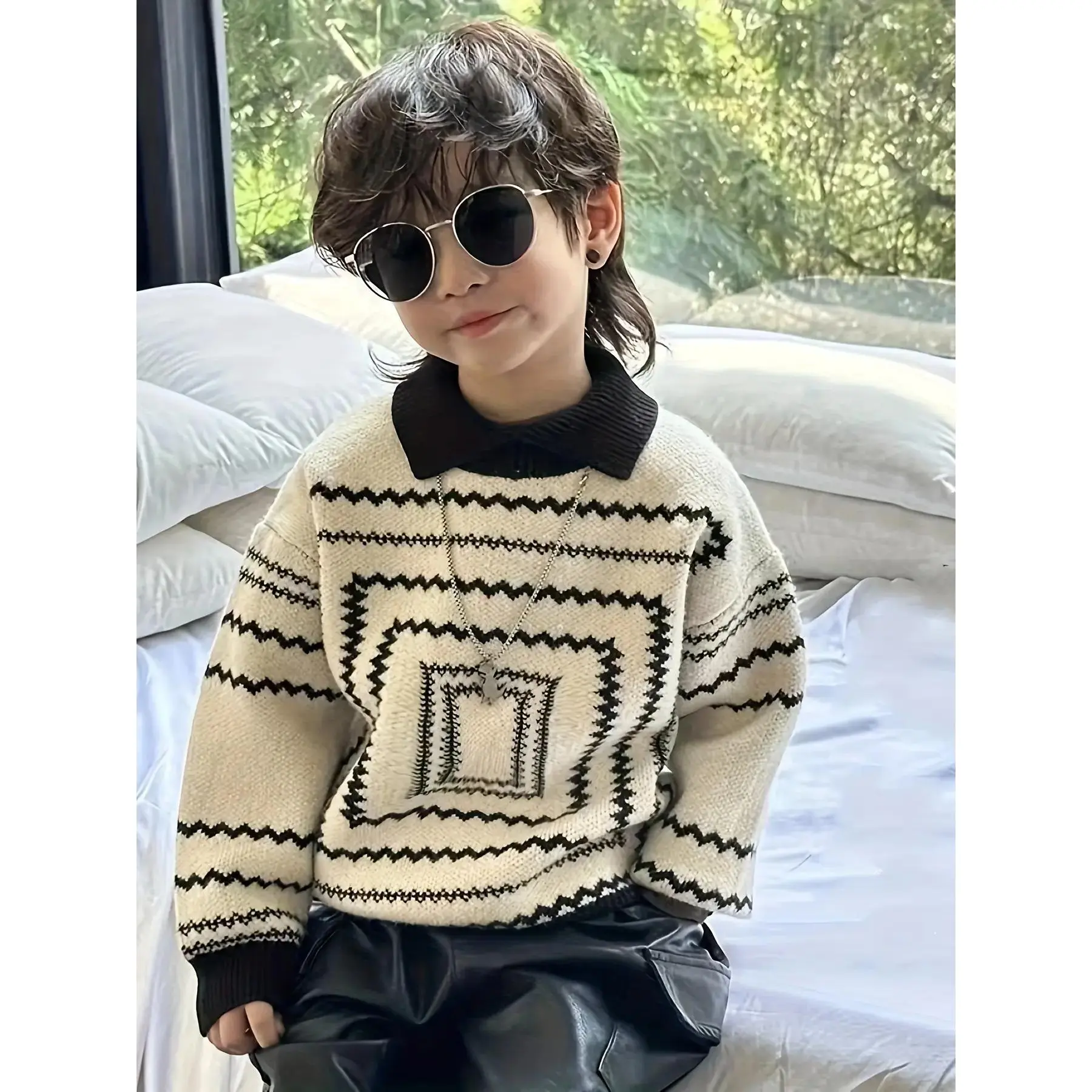 Boys' Korean Style Mock Neck Knitting Sweater - New Slight Vintage Thick Knit, Fitted Slight Stretch Casual Wear, Autumn Winter Child-Sized Boys' Pullover Top, Child-Sized Boys' Sweaters, Geometric Print